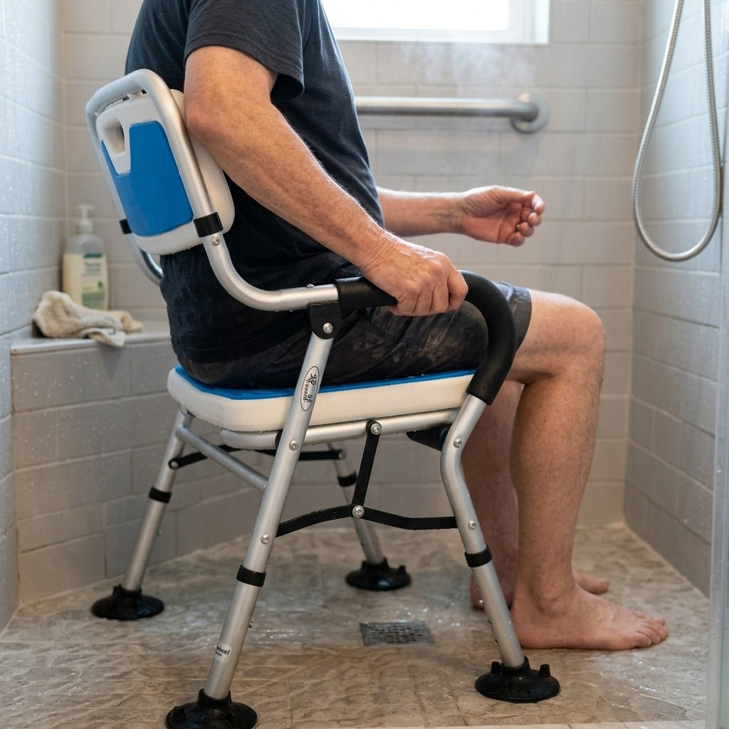 Folding Shower Chair with Backrest and Arms - in use