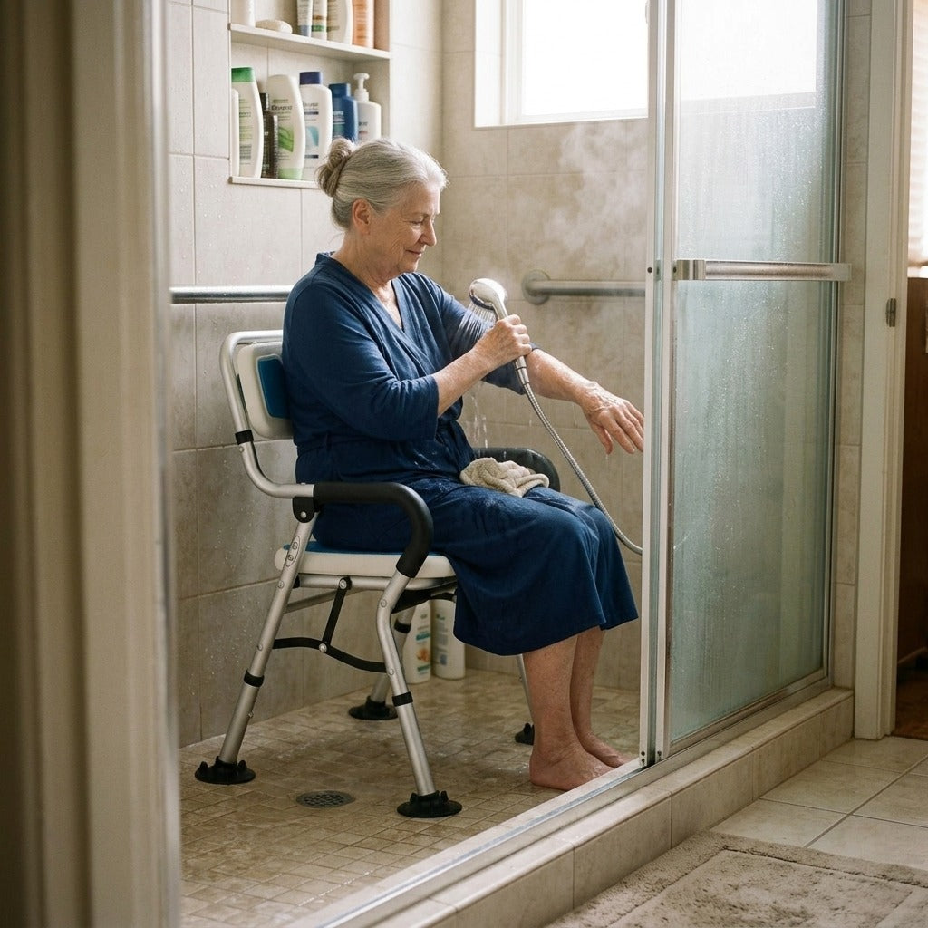 Folding Shower Chair with Backrest and Arms - at home