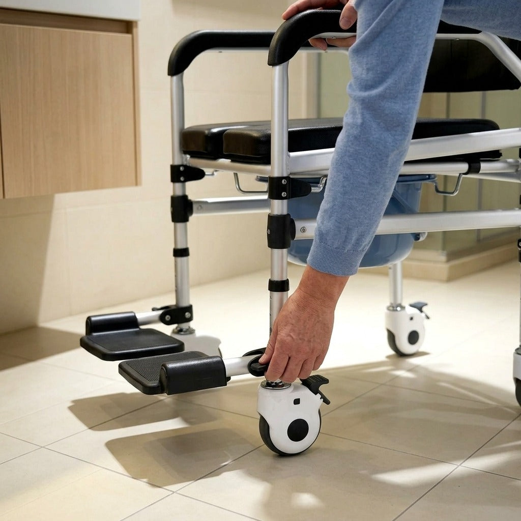 Folding Shower Chair with Wheels - in use