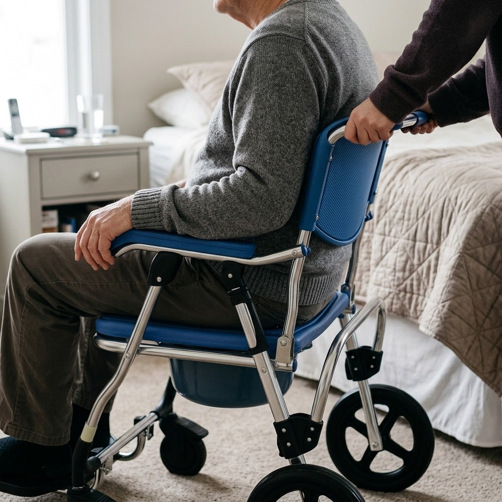 Folding Shower Commode Chair with Wheels - in use