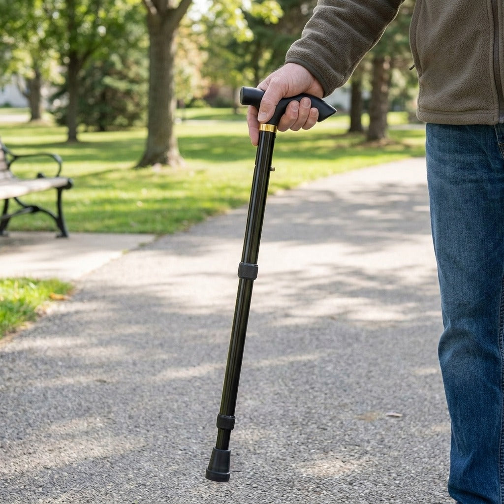 Folding Telescopic Walking Stick with Rubber Tip - in use