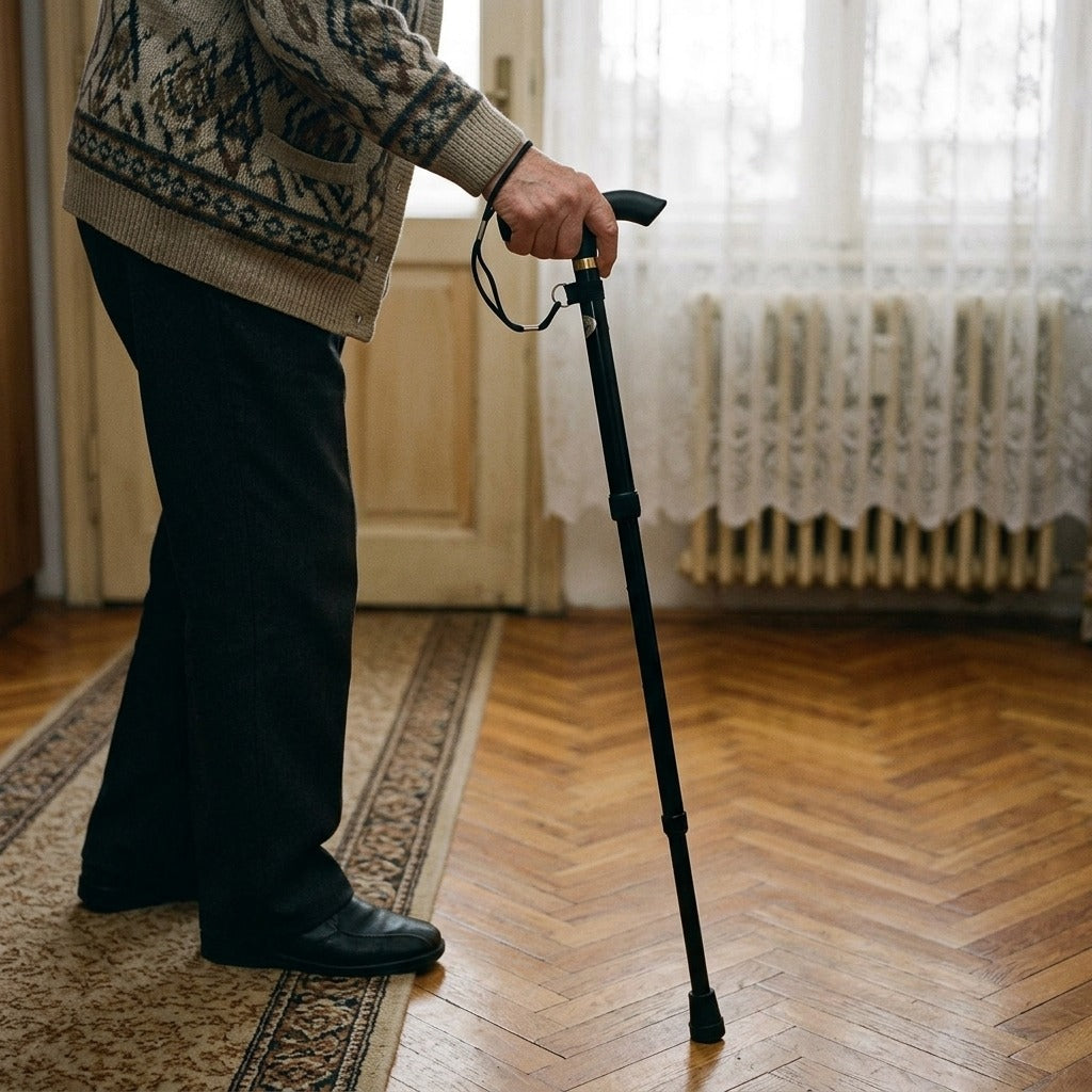 Összecsukható teleszkópos bot gumivéggel - használat közben