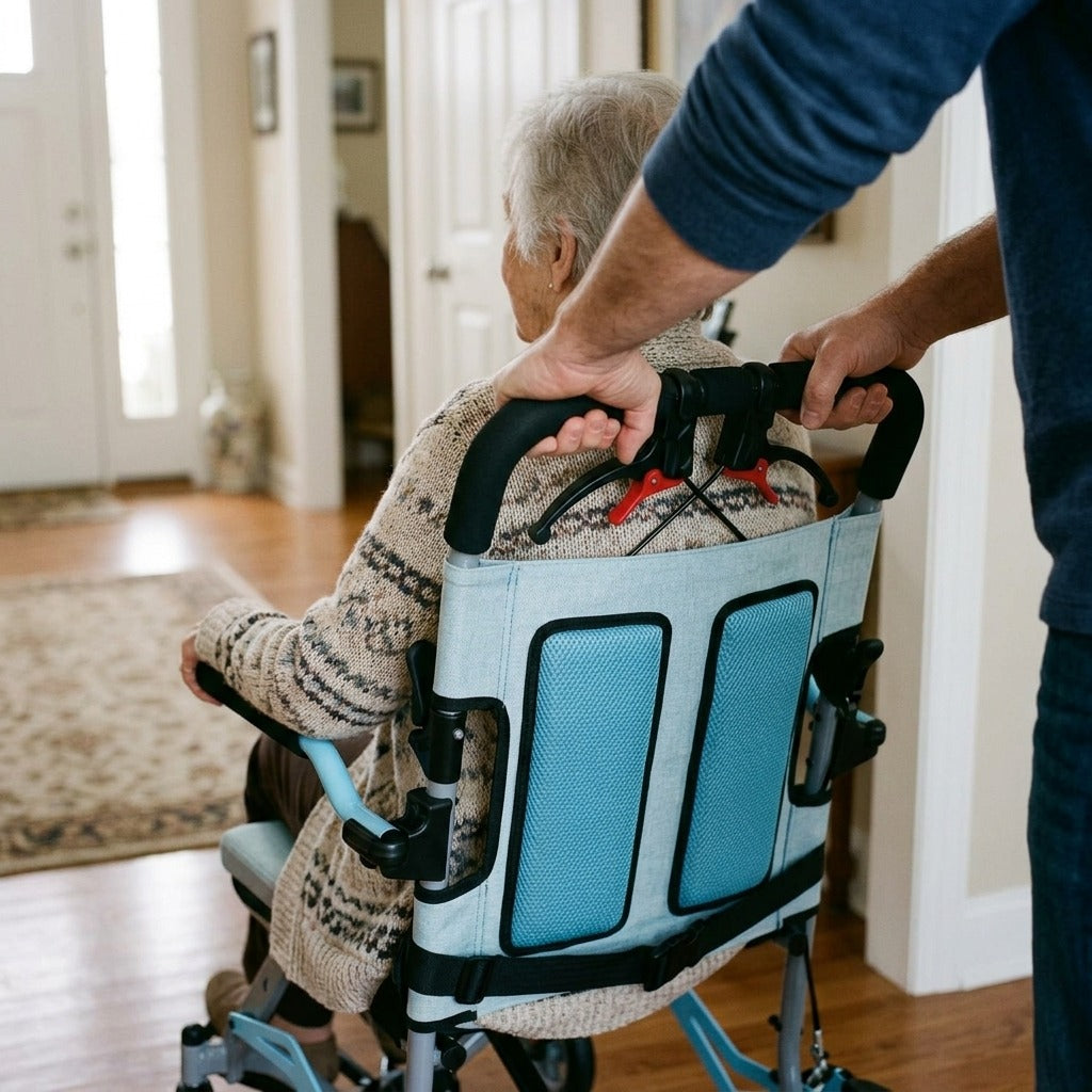 Folding Transfer Chair with Locking Handbrakes - in use
