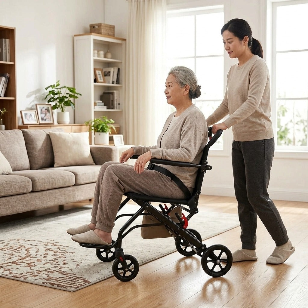 Folding Transport Chair with Brakes and Safety Belt - at home