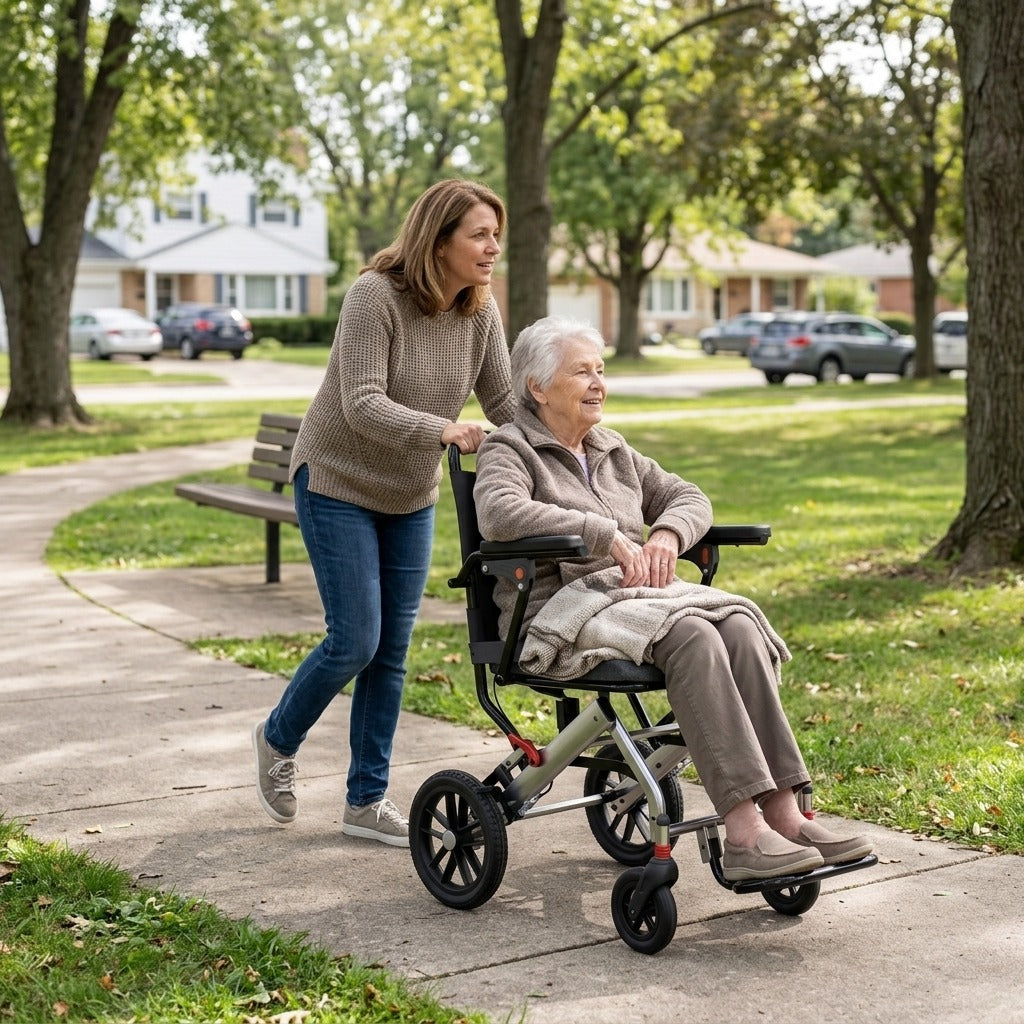 Folding Transport Wheelchair with Locking Handbrake - in everyday life