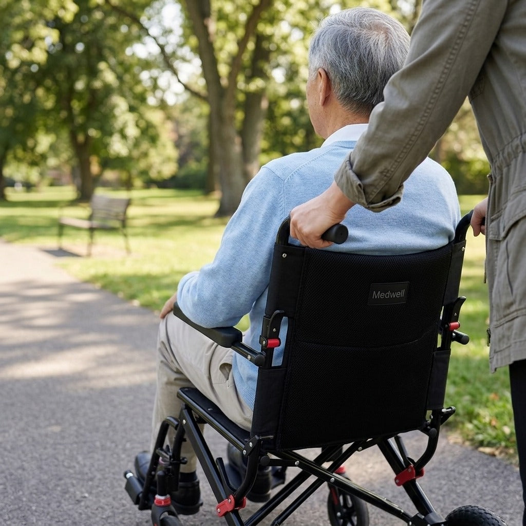 Folding Travel Wheelchair with Cushioned Seat - in use