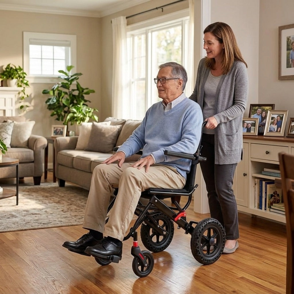Folding Travel Wheelchair with Cushioned Seat - at home