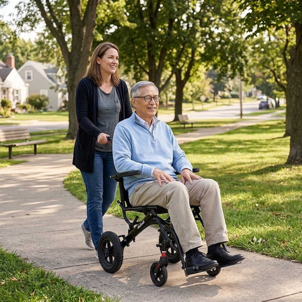 Folding Travel Wheelchair with Cushioned Seat - in everyday life