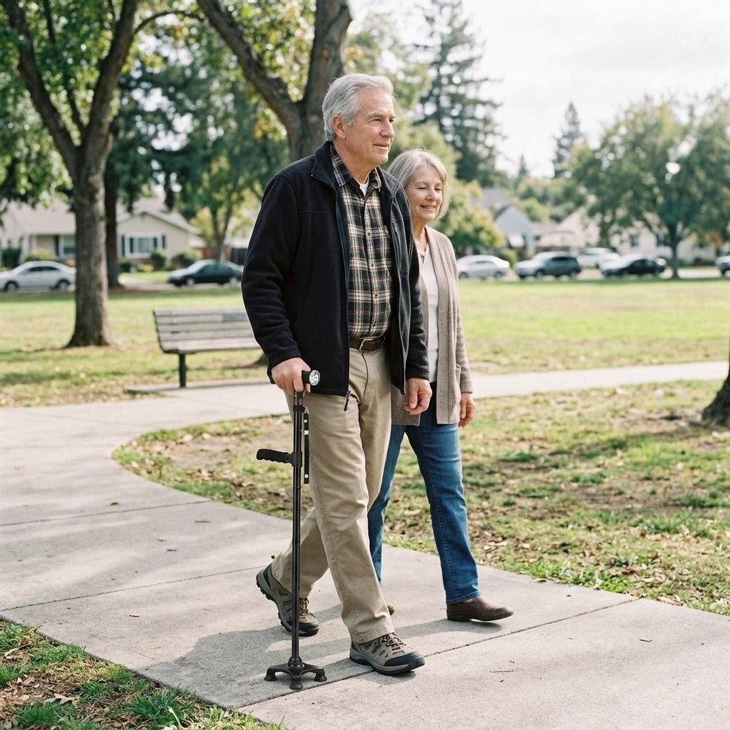 Folding Walking Cane with LED Light and Alarm - in everyday life
