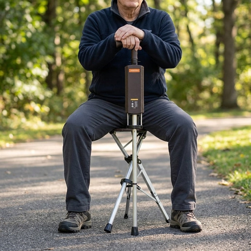 Folding Walking Stick with Seat - in use