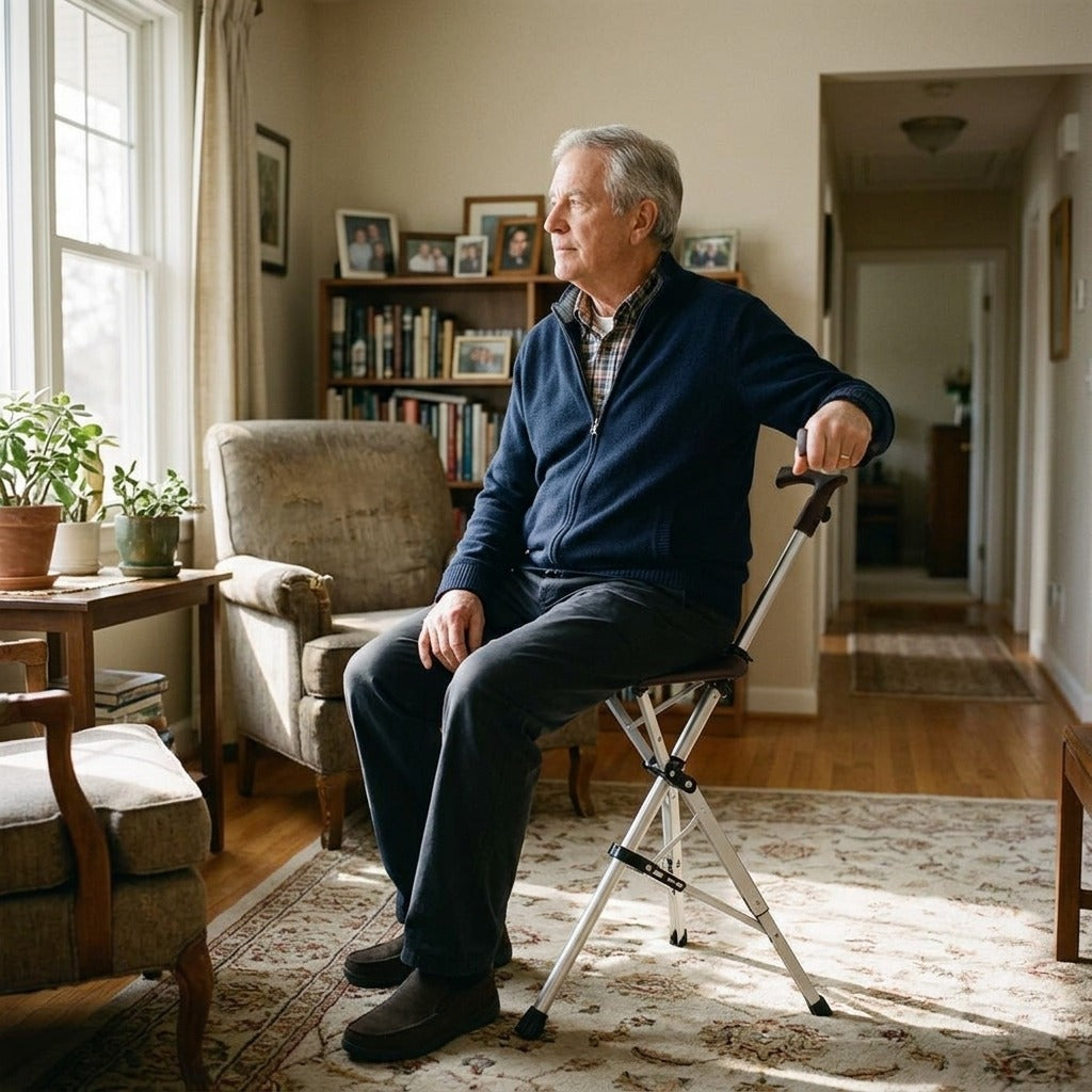 Folding Walking Stick with Seat - at home
