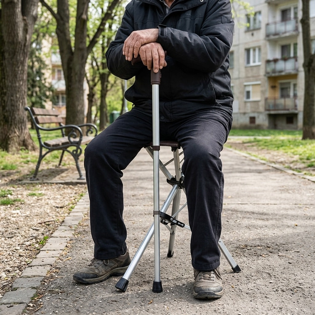 Összecsukható sétabot ülőkével - használat közben