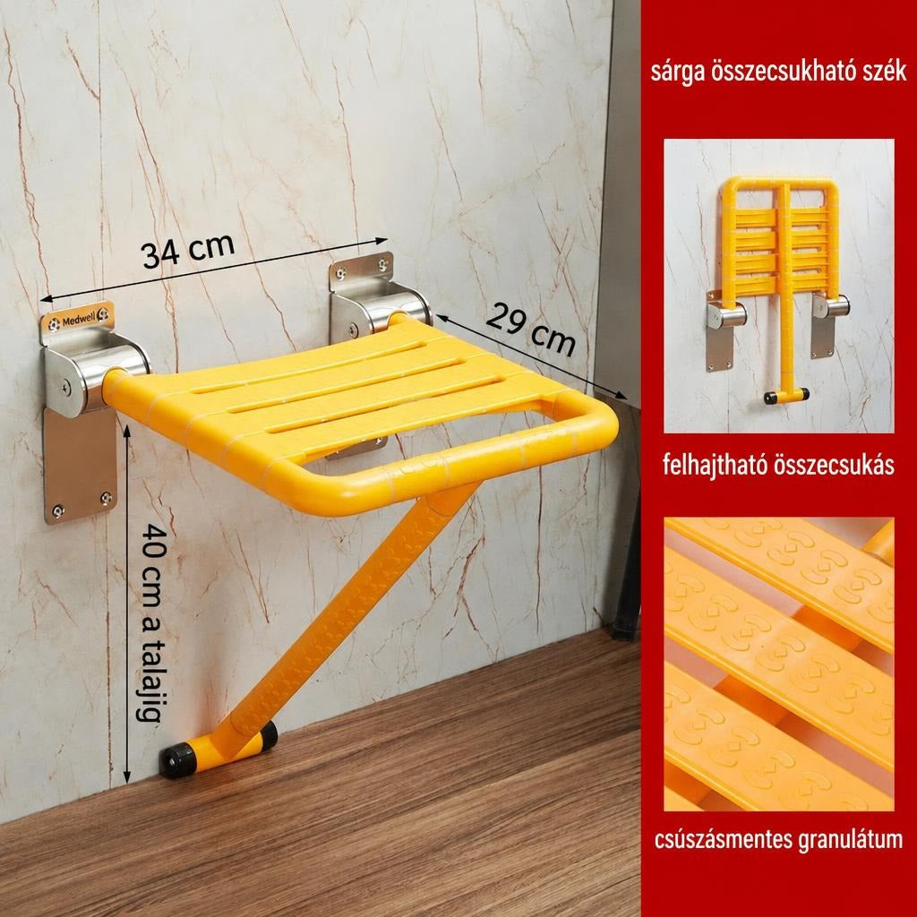 Falra szerelhető sárga összecsukható zuhanyszék méretekkel és részletfotókkal.