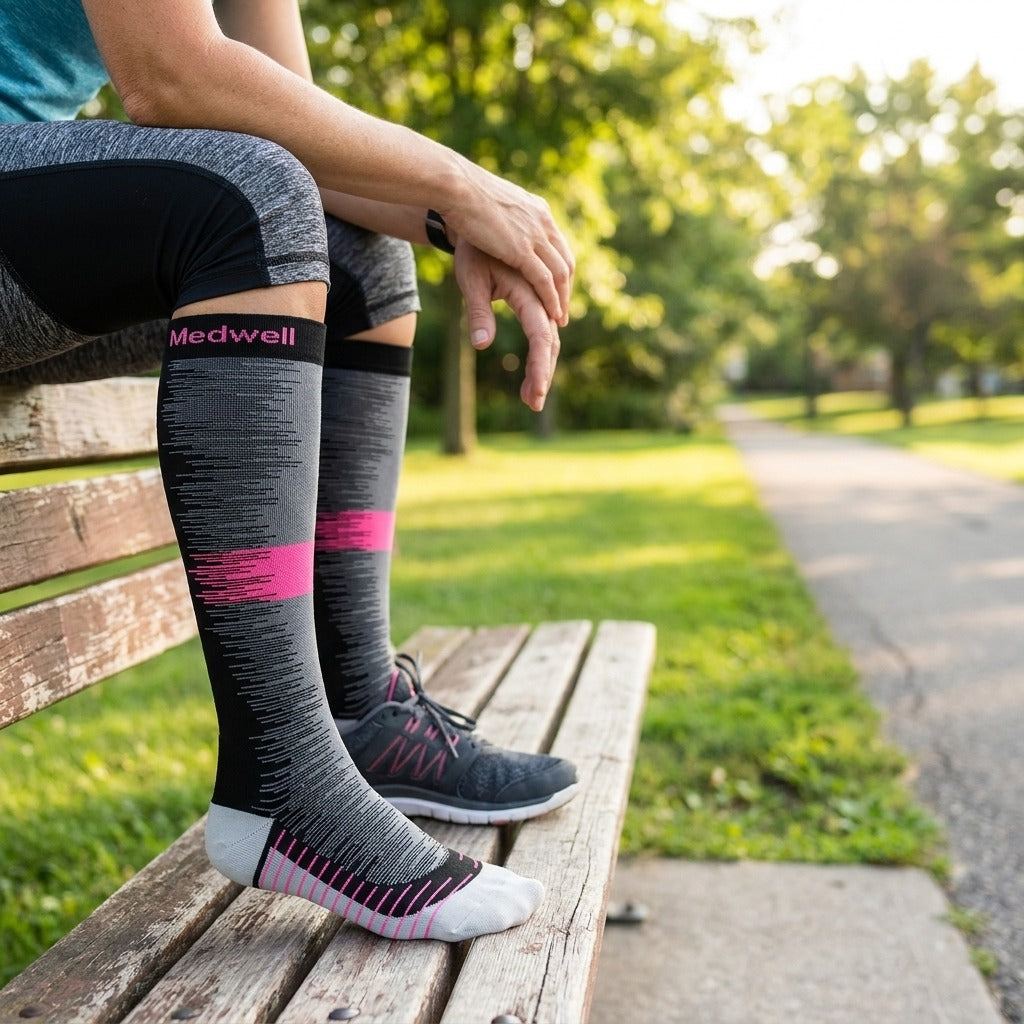 Football-Style Compression Socks, 20–30 mmHg - in use