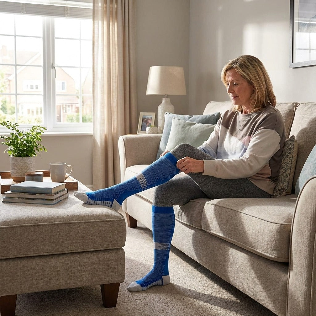 Football-Style Compression Socks, 20–30 mmHg - at home