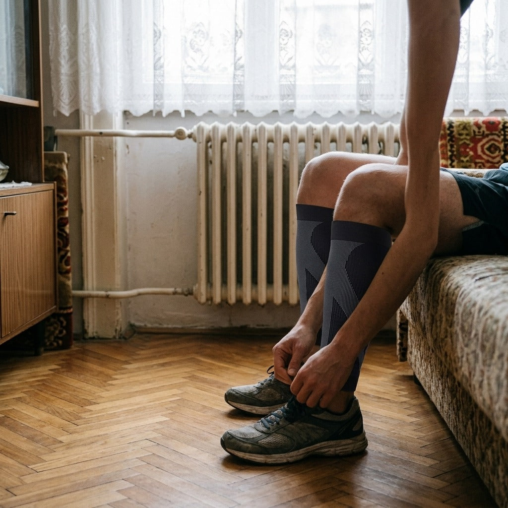 Lábfej nélküli kompressziós lábszárvédő nőknek és férfiaknak - használat közben