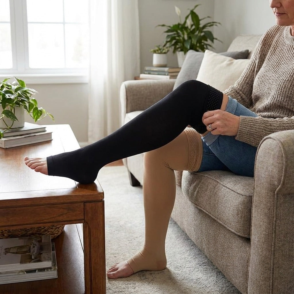 Footless Thigh-High Compression Stockings - in use