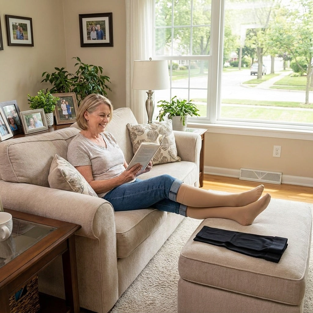 Footless Thigh-High Compression Stockings - in everyday life