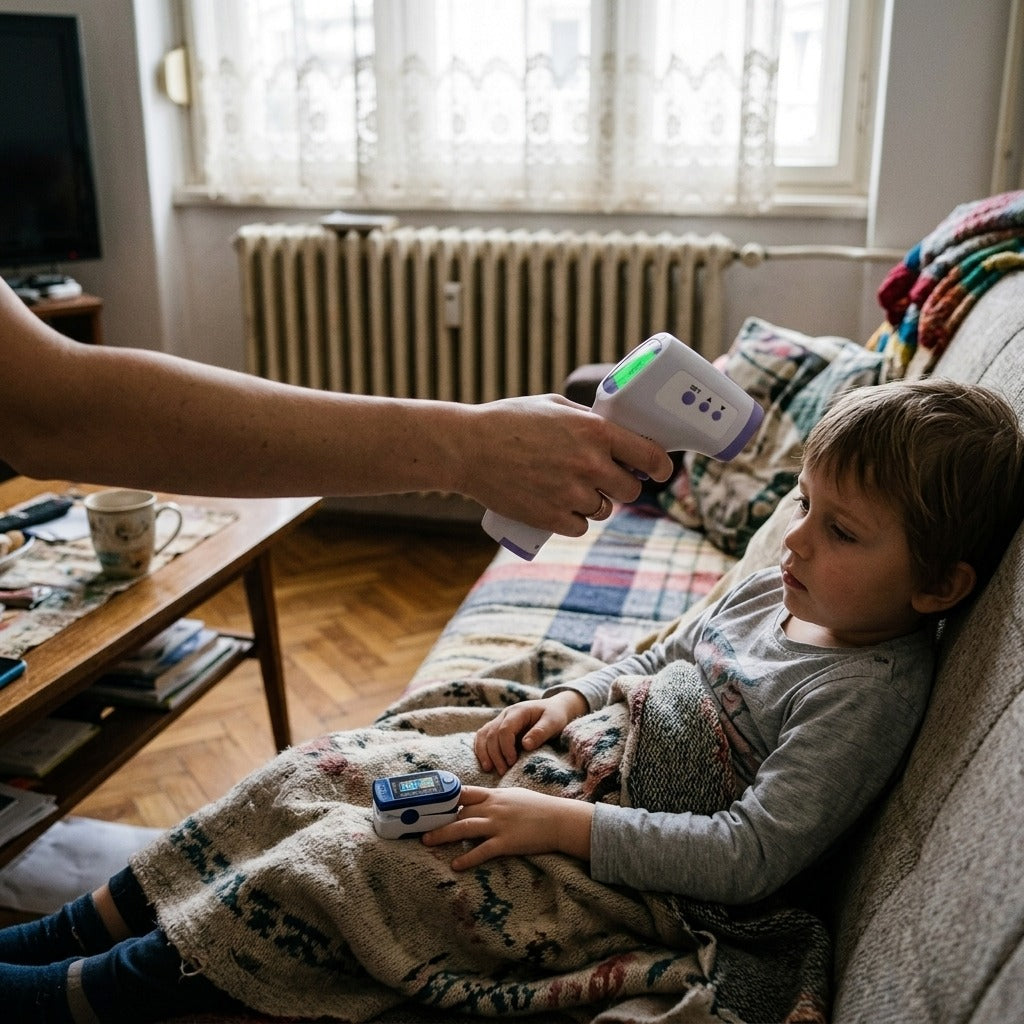Homlokhőmérő és ujjra csíptethető pulzoximéter szett - használat közben