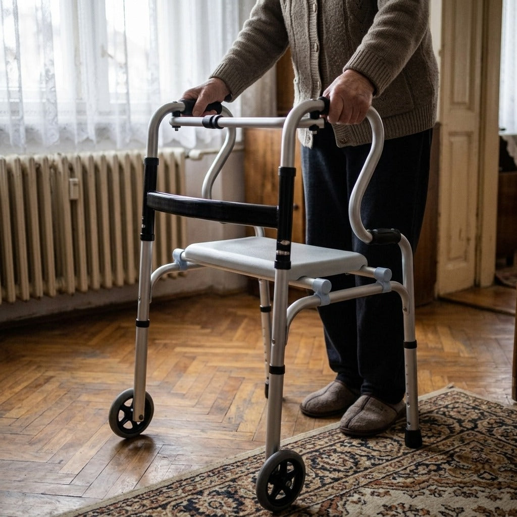 Négy lábú járókeret párnázott üléssel - használat közben