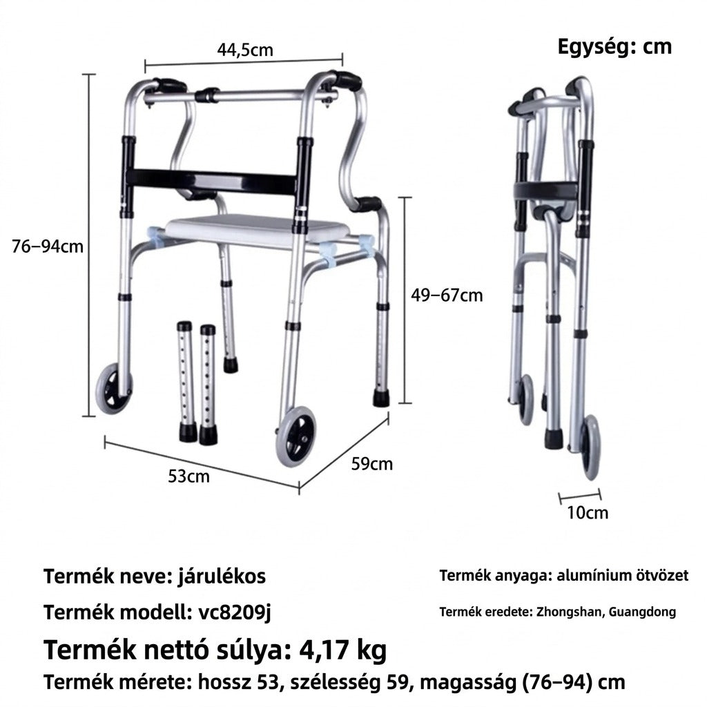 Négy lábú járókeret párnázott üléssel