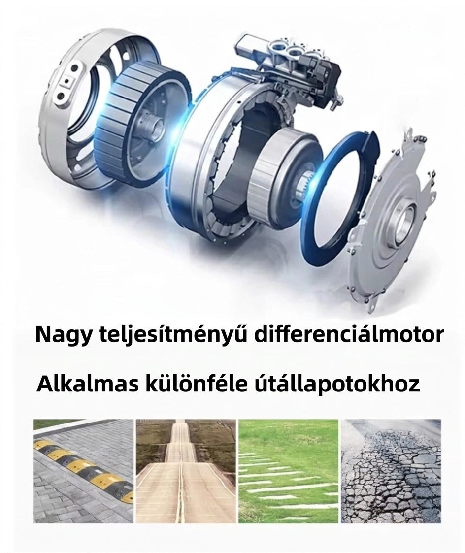 Nagy teljesítményű differenciálmotor robbantott ábrája és különféle útviszonyok képei.
