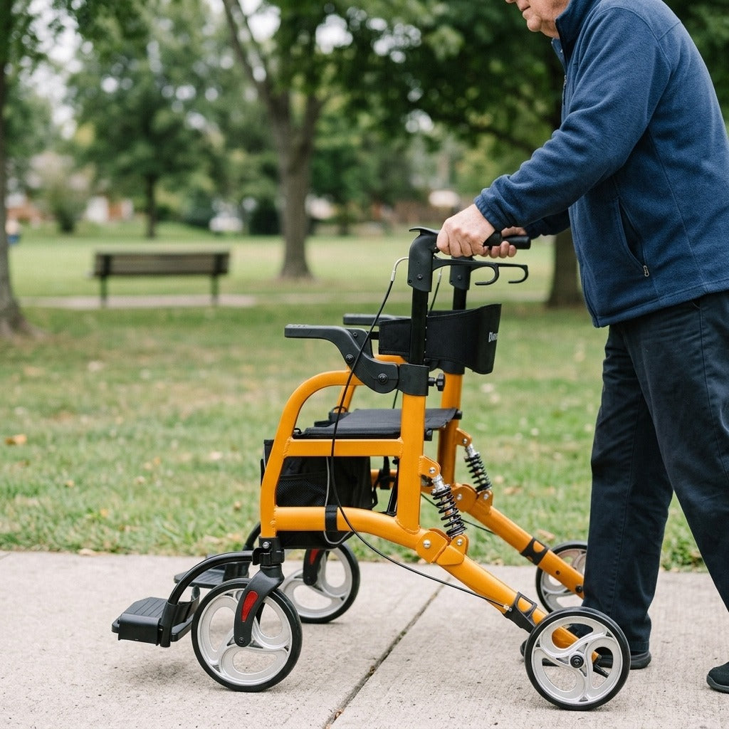 Four-Wheel Foldable Rollator Walker with Seat - in use