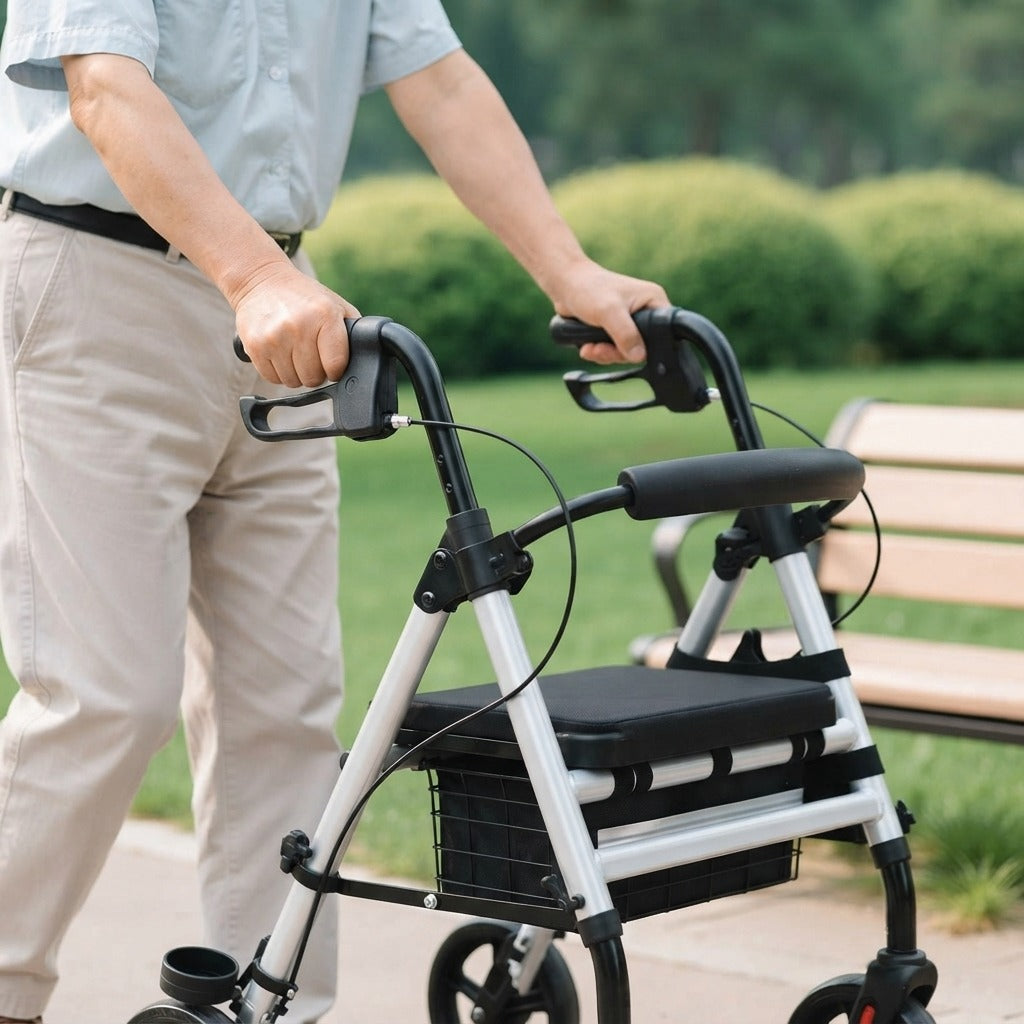 Four-Wheel Folding Walker with Hand Brakes - in use