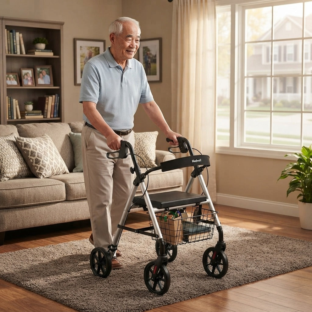Four-Wheel Folding Walker with Hand Brakes - at home
