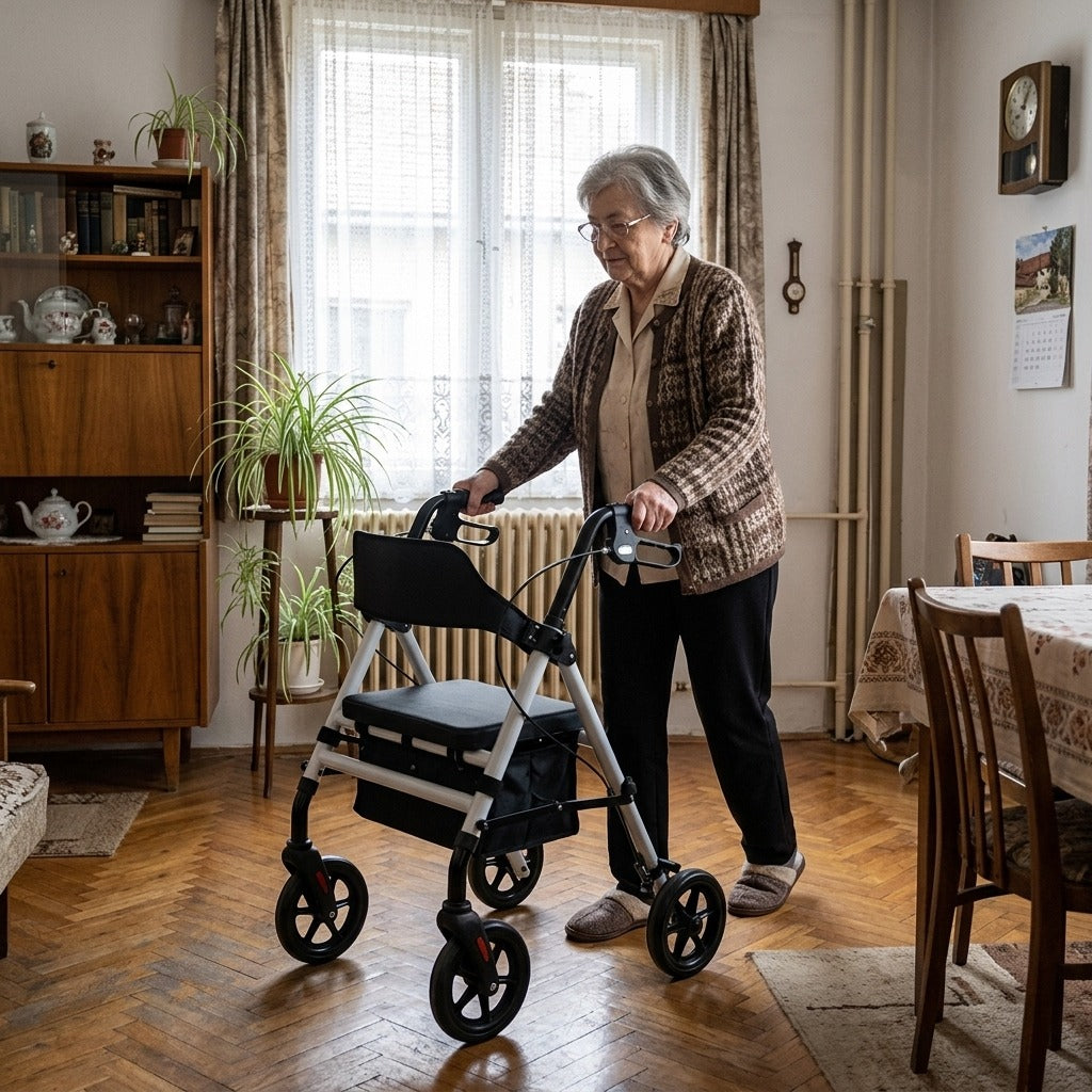 Összecsukható négykerekű járókeret kézifékkel - otthon