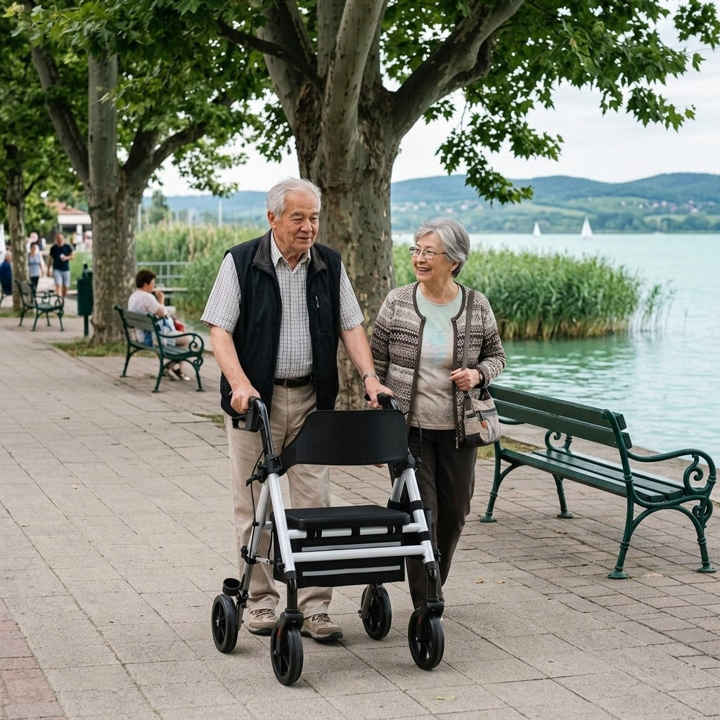 Összecsukható négykerekű járókeret kézifékkel - a mindennapokban