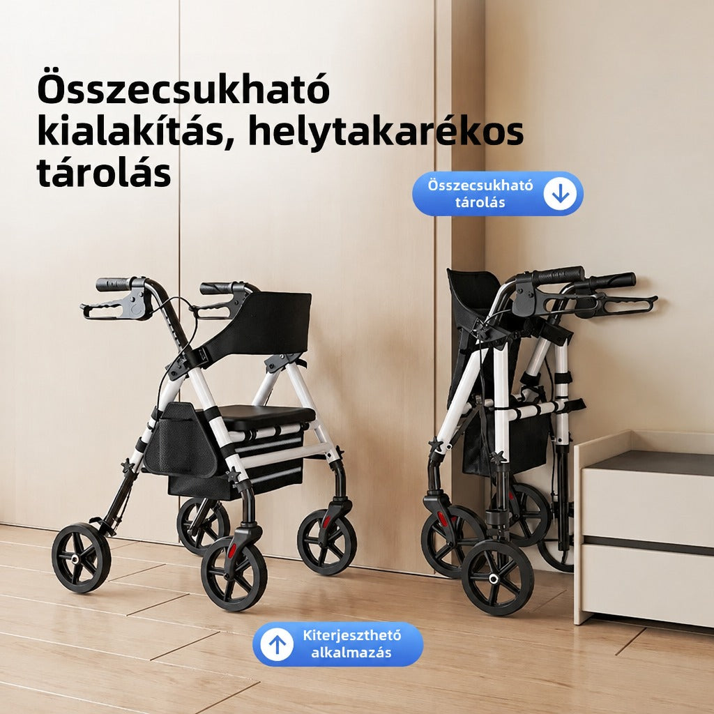 Összecsukható négykerekű járókeret kézifékkel