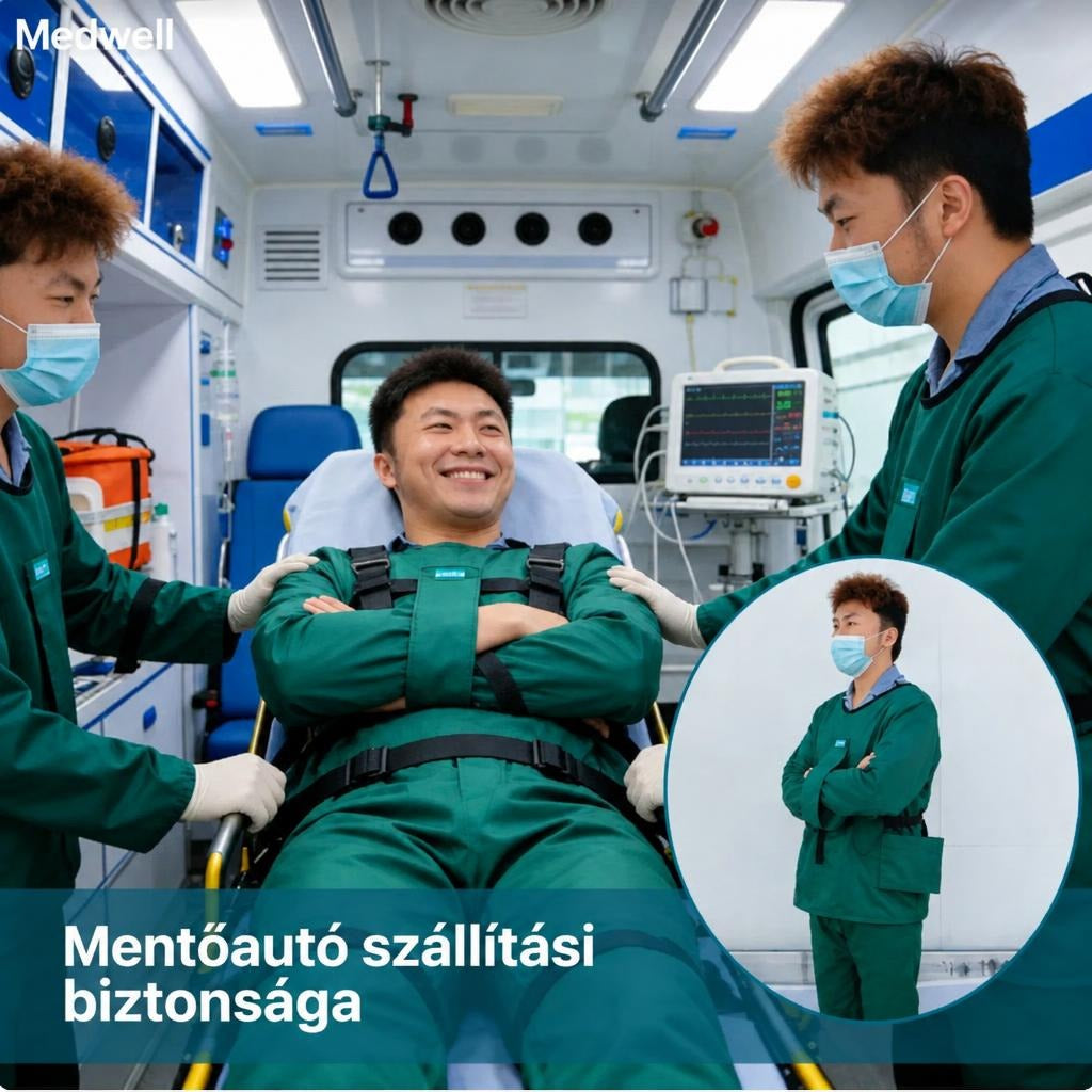 Mentősök egy rögzített pácienst látnak el a mentőautóban.