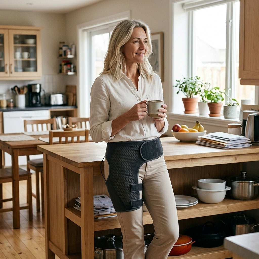 Full-Wrap Hip Support Brace with Massager and Heating, USB-Powered - at home