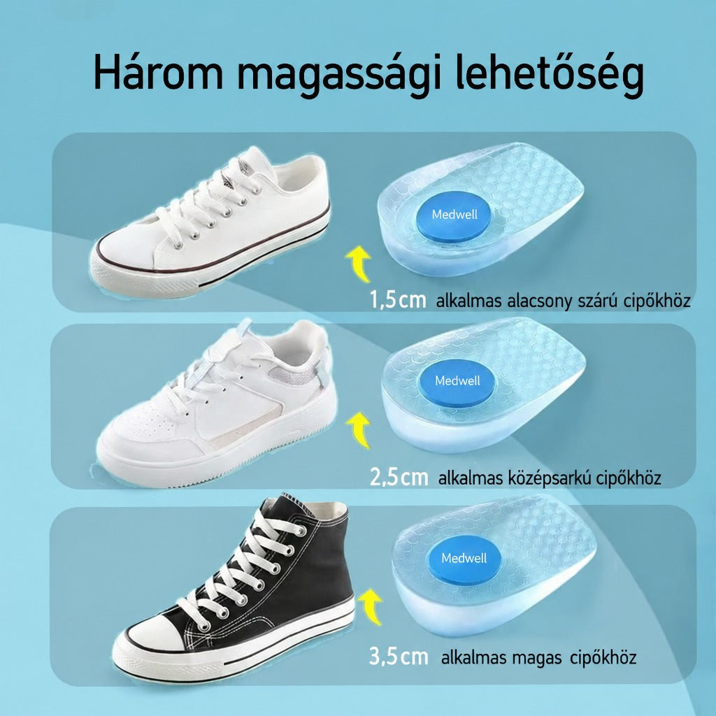 Három különböző magasságú sarokemelő talpbetét különböző szárú cipőkhöz.