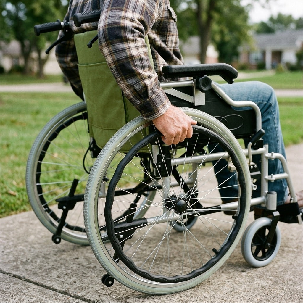 Green Manual Wheelchair, Foldable, 150 kg Capacity - in use