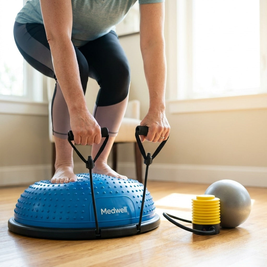 Half Exercise Ball Trainer with Bands and Pump - in use