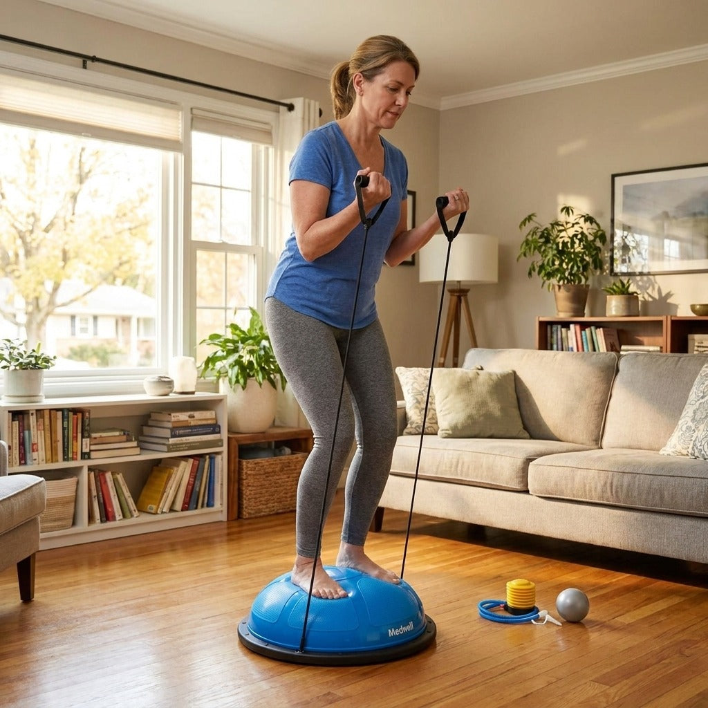 Half Exercise Ball Trainer with Bands and Pump - at home