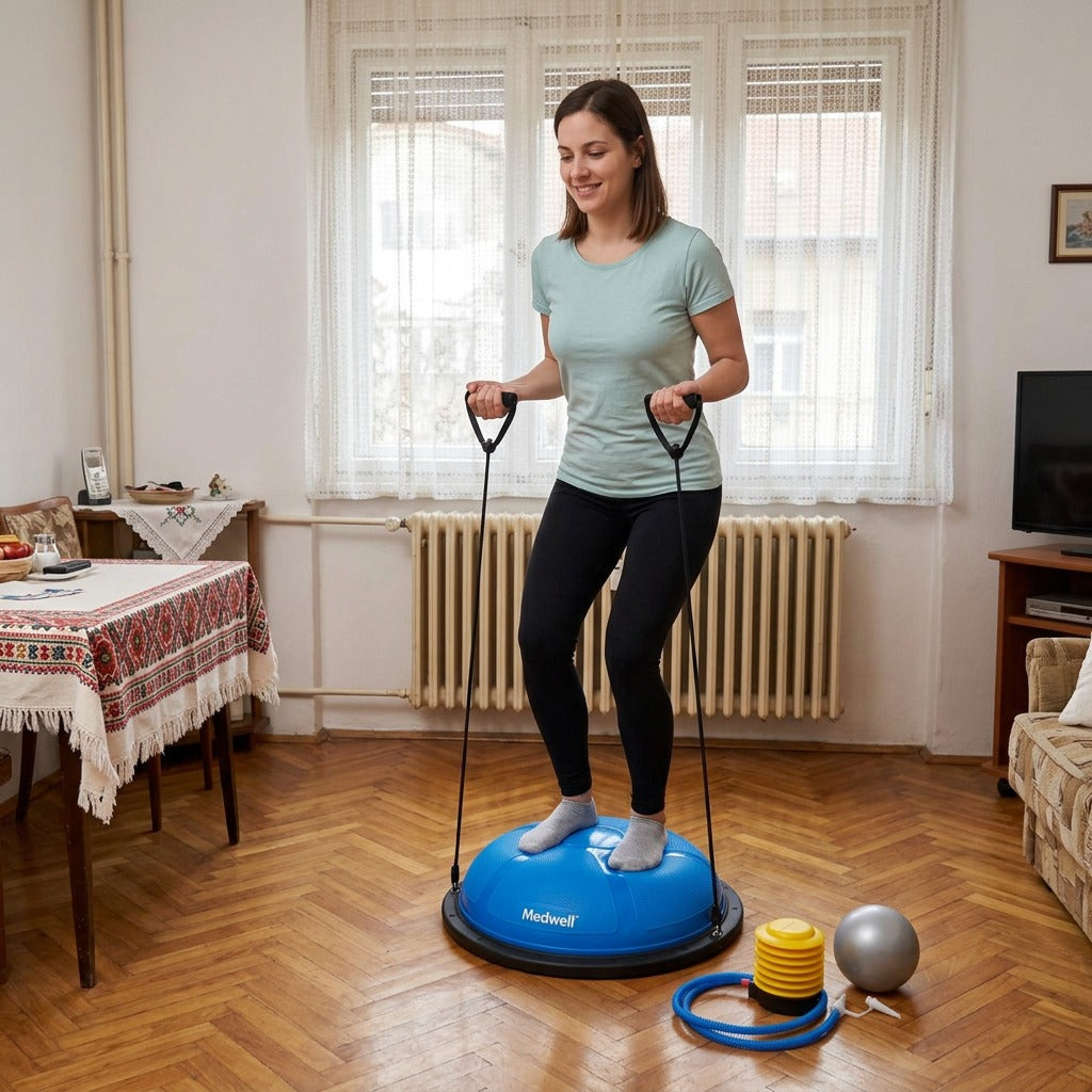 Félgömbös egyensúlyozó tréner gumiszalaggal és pumpával - a mindennapokban