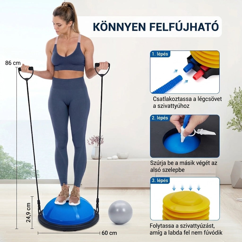 Egyensúlyozó félgömb labda méretei és a felfújásának 3 lépése.