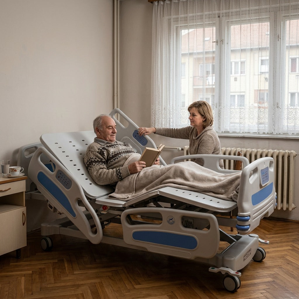 Kézi tekerőkaros kórházi ágy korláttal és kerekekkel - a mindennapokban