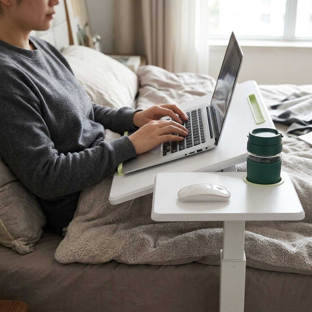 Height-Adjustable Overbed Table with Tilting Top - in use