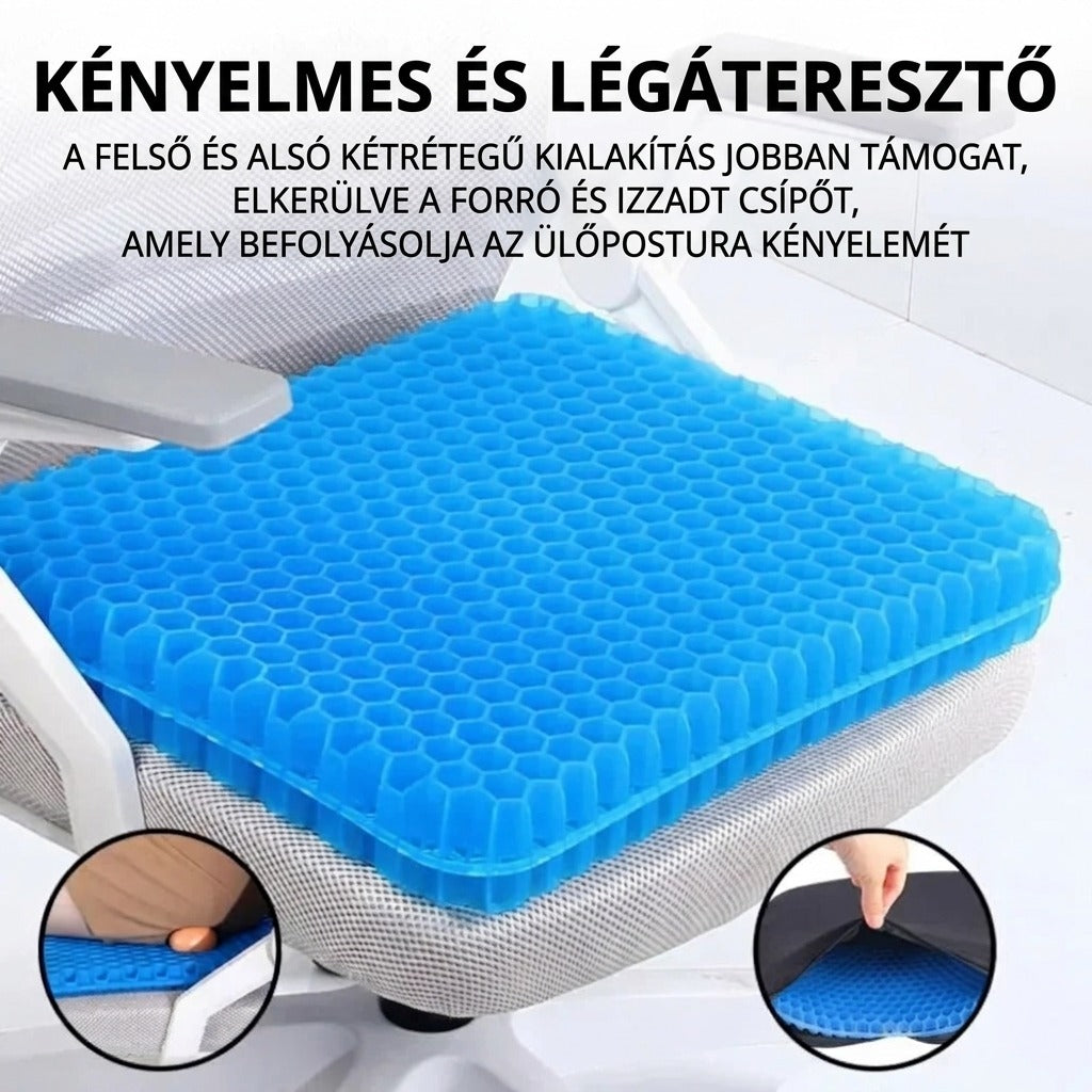 Kék színű, kétrétegű méhsejt mintás gél ülőpárna irodai széken.