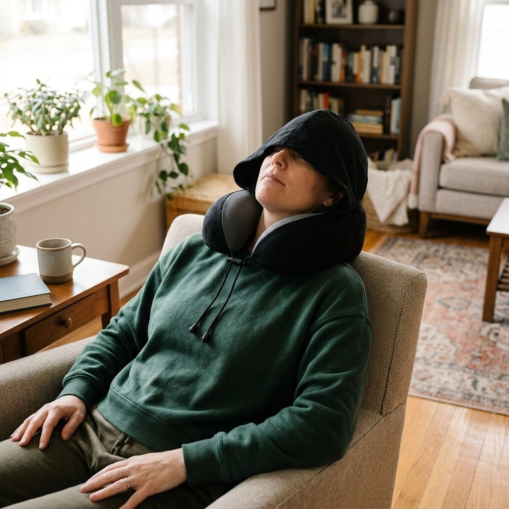 Hooded Memory Foam Travel Neck Pillow - at home
