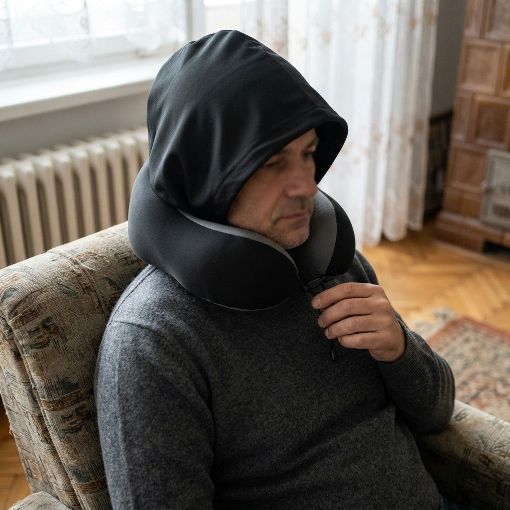 Kapucnis memóriahabos utazó nyakpárna - használat közben