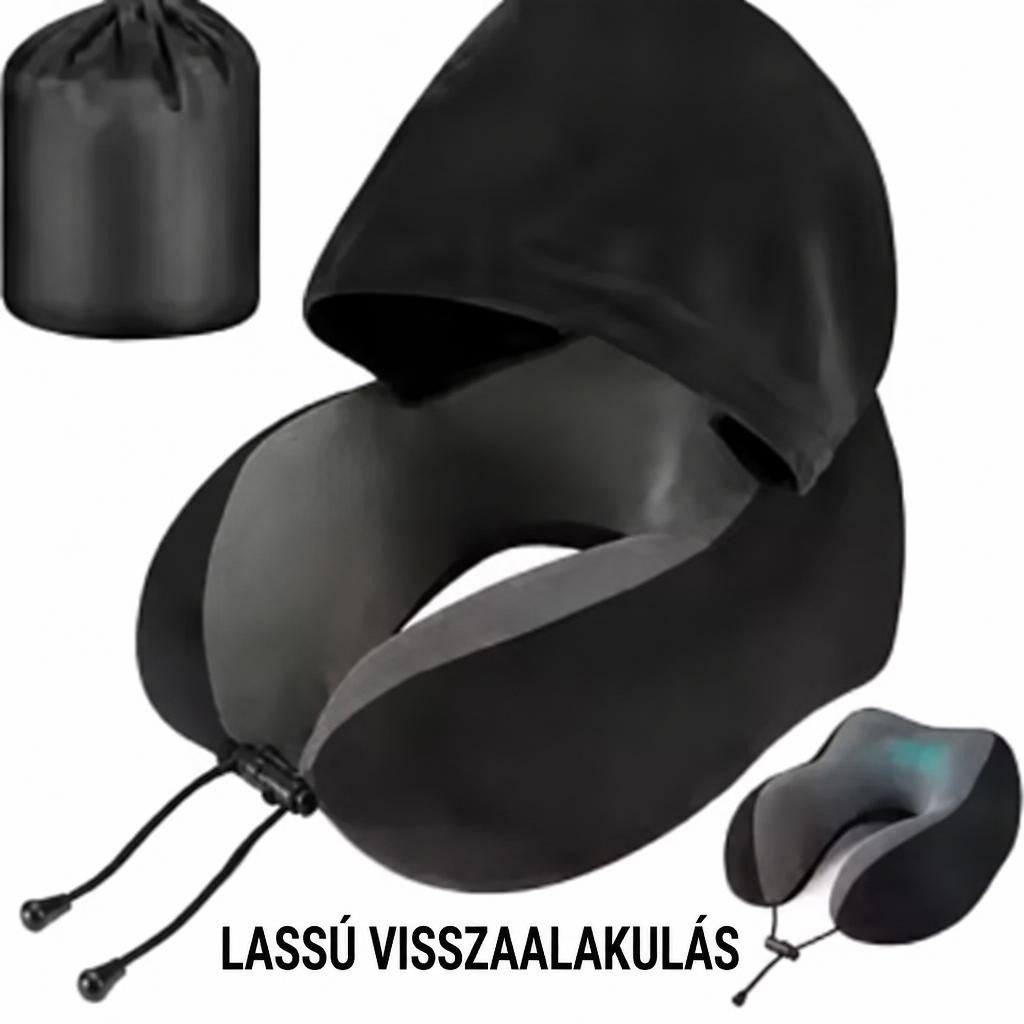 Fekete memóriahabos utazópárna beépített kapucnival és hordtasakkal.