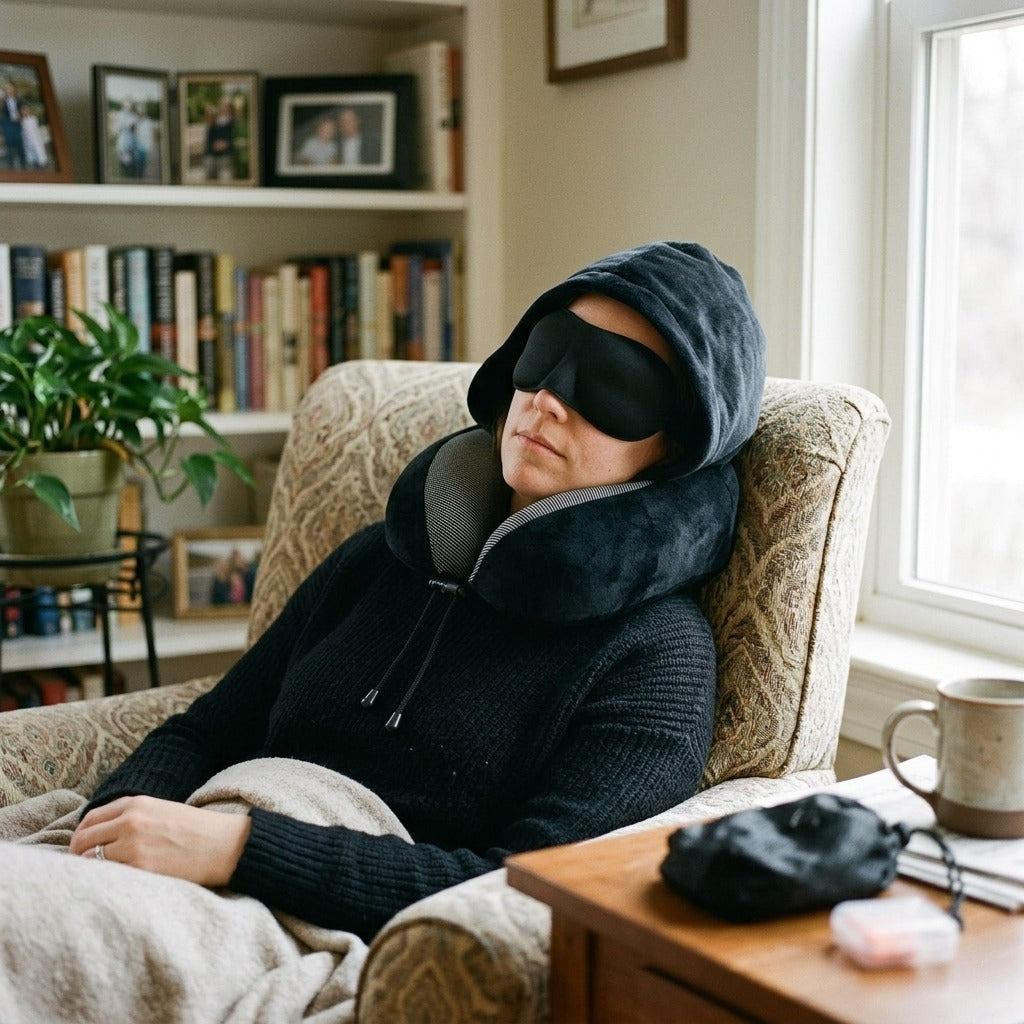 Hooded Travel Pillow with Eye Mask and Earplugs - at home
