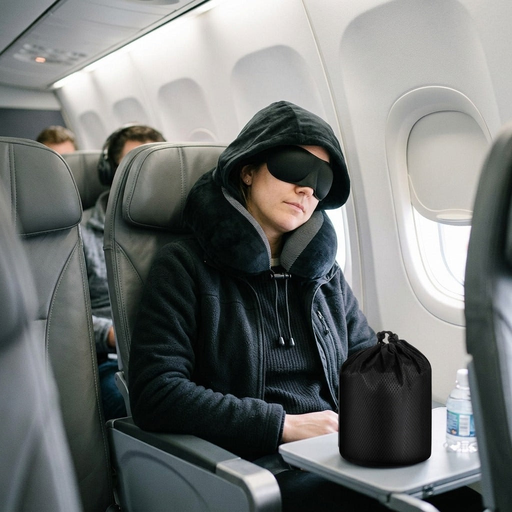 Hooded Travel Pillow with Eye Mask and Earplugs - in everyday life