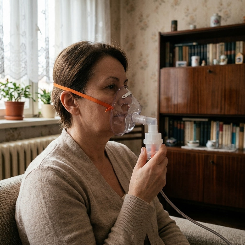 Háztartási inhalálómaszk-készlet pohárral és csővel - használat közben