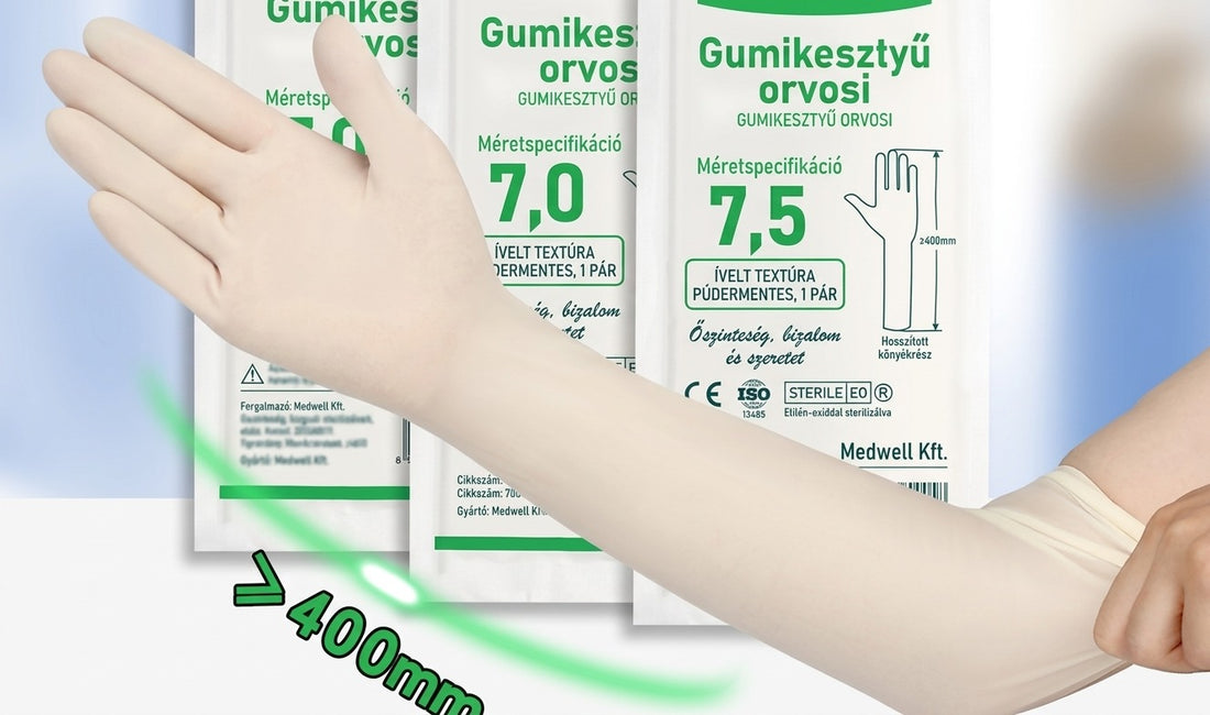 Egyenként csomagolt, könyékig érő gumikesztyű
